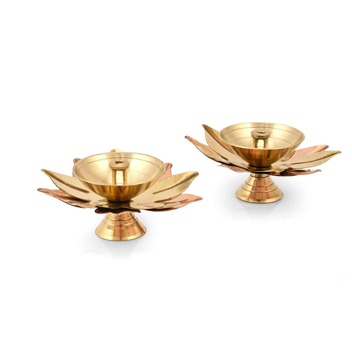 Collectible India Brass Diya Lamp Lotus Shape -Decorative Akhand Deepak for Pooja - Set of 2 (Gold_3 X 3 X 1.5 Inches)
