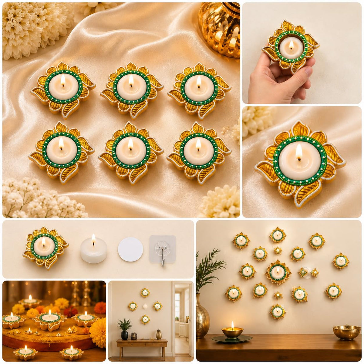 Decorative Diya Set of 6, Floral Design with Tealight Candles