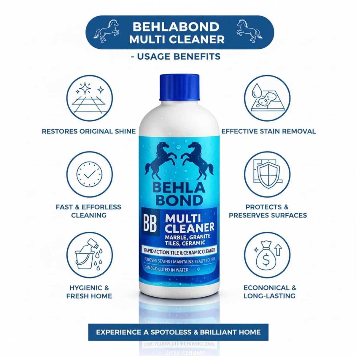 Behlabond Multi Cleaner Liquid for Tiles, Marble, Granite & Ceramic Floors - 800ml Rapid Action Stain Remover, Heavy Duty Grout Cleaner & Surface Shiner (3 Bottle)