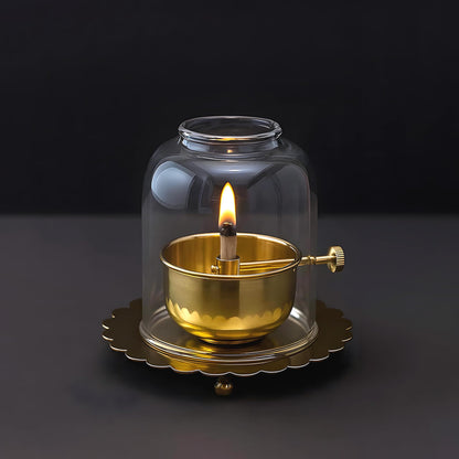 Kuber Industries Brass Akhand Jyoti Diya Oil Lamp with Adjustable Bati Knob | Lifting Screw Wick Holder & Borosilicate Glass Cover | Large Size, 150 ml Oil Capacity, Stay Lit for 48 Hours | Golden