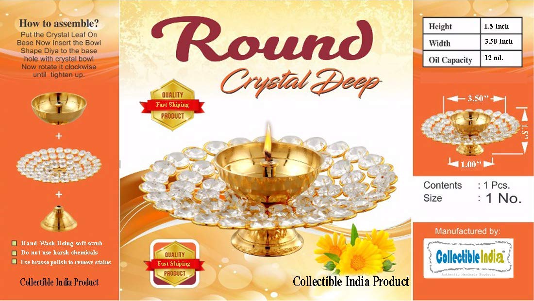 Collectible India Small Crystal Akhand Diya Brass Oil Puja Lamp for Home Office Gifts Pooja Articles Decor (Golden, 3.5 X 1.5 Inch) (DFBS144-Small)