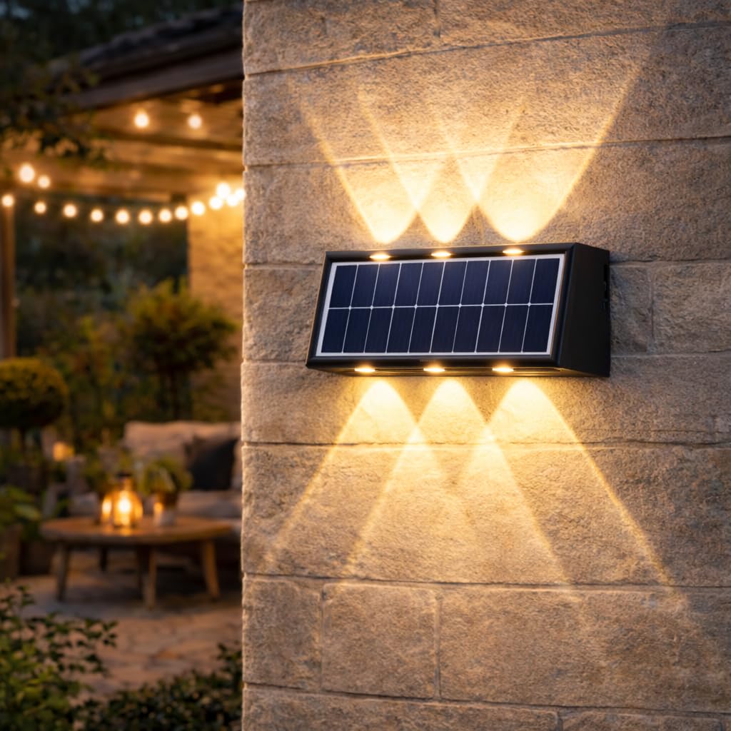 Gesto 6W Solar Wall Lights Outdoor Waterproof IP65, Warm White Up & Down Wall Lamp with 1200mAh Battery, Auto ON/Off Dusk to Dawn, Exterior Light for Garden Fence Gate Patio Pathway Elevation Balcony