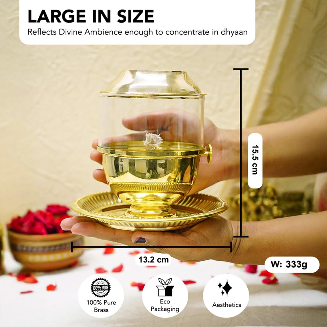 Ekhasa 100% Pure Brass Akhand Jyot Diya with Adjustable Bati Knob, Wick Lifting Screw Lever, Glass Cover (Large Size, 250 ml Oil Capacity, Stay Lit for 48 Hours, Wick Included, Authentic Borosilicate)