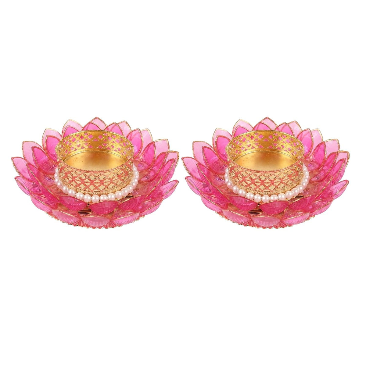 D-Craft Lotus Tealight Candle Holders with Pearl Border & Golden Metal Cup (Pack of 2) – Decorative Crystal Acrylic Lotus Diya for Diwali, Mandir, Festive Home Decor & Table Centerpiece (Pink)