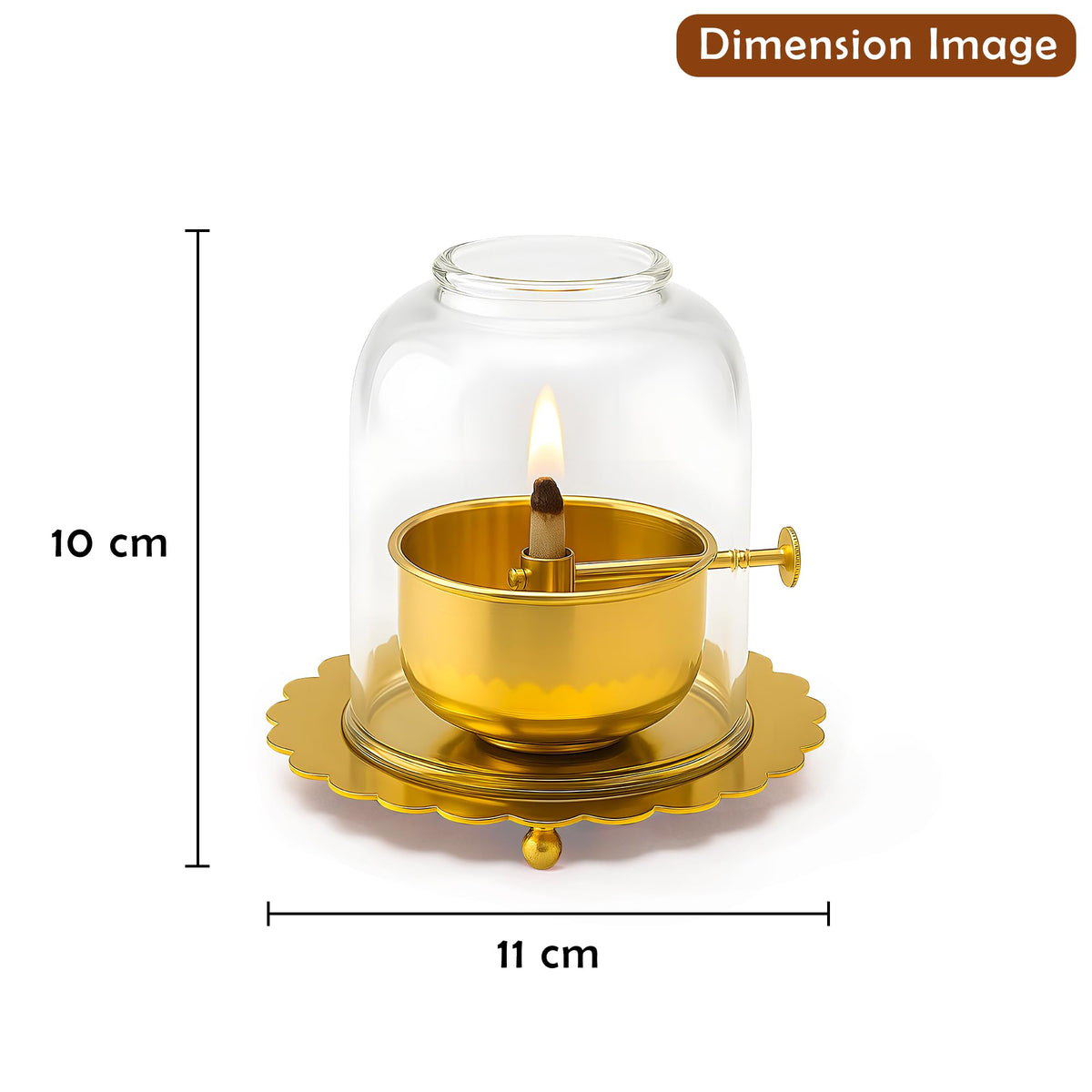 Kuber Industries Brass Akhand Jyoti Diya Oil Lamp with Adjustable Bati Knob | Lifting Screw Wick Holder & Borosilicate Glass Cover | Large Size, 150 ml Oil Capacity, Stay Lit for 48 Hours | Golden