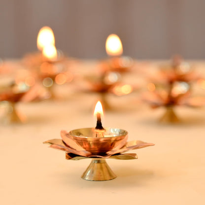 Collectible India Brass Diya Lamp Lotus Shape -Decorative Akhand Deepak for Pooja - Set of 2 (Gold_3 X 3 X 1.5 Inches)