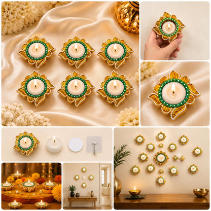 Decorative Diya Set of 6, Floral Design with Tealight Candles
