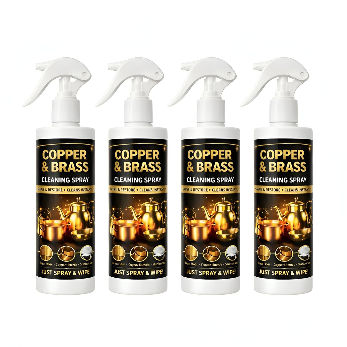 Copper & Brass Cleaning Spray for Utensils and Home Decor, Shine & Restore Formula, Removes Tarnish, Easy Spray & Wipe Cleaner, Suitable for Kitchen and Daily Use, Each 200ml, Pack of 4