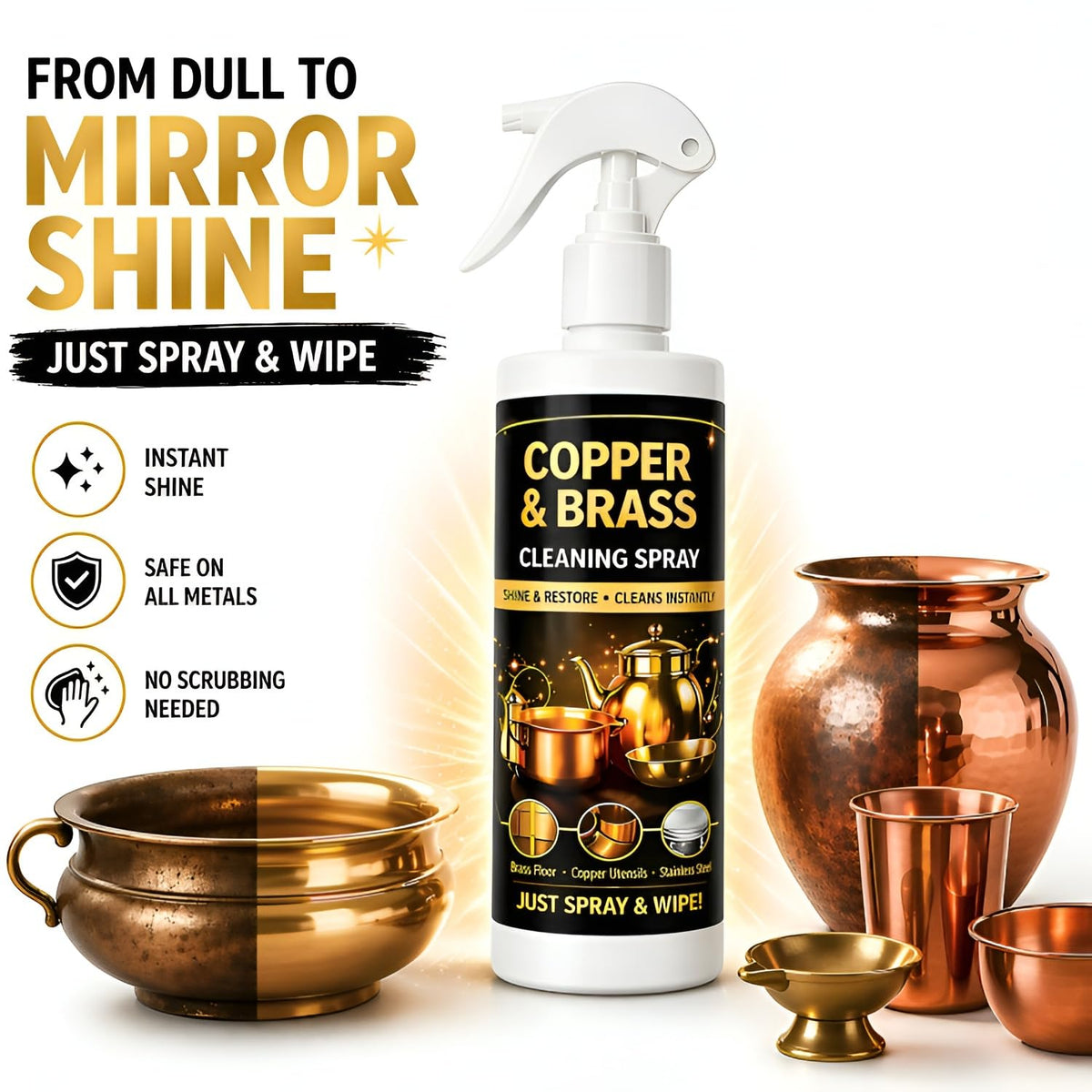 Copper & Brass/Silver Chrome Cleaning Spray 2x200ml Each – Easy Spray & Wipe | For Utensils, Pooja Items, Home Décor | Cleaner & Polish with Corrosion Inhibitor