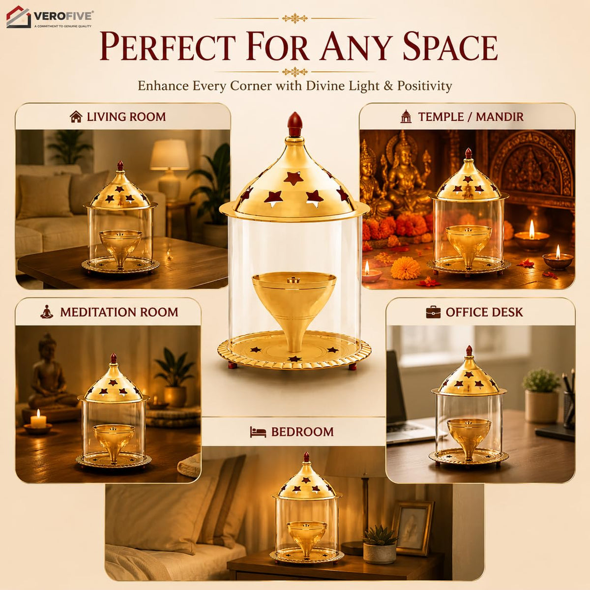 VEROFIVE Akhand Jyot Brass Diya, Medium – Puja & Festival Décor