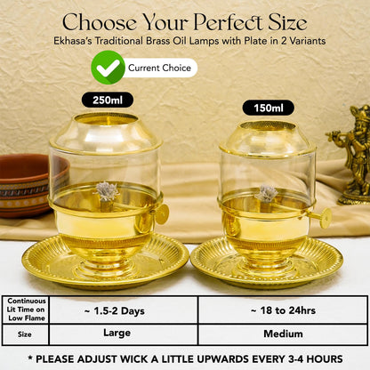 Ekhasa 100% Pure Brass Akhand Jyot Diya with Adjustable Bati Knob, Wick Lifting Screw Lever, Glass Cover (Large Size, 250 ml Oil Capacity, Stay Lit for 48 Hours, Wick Included, Authentic Borosilicate)