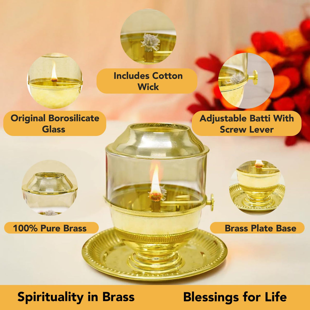 Ekhasa 100% Pure Brass Akhand Jyot Diya with Adjustable Bati Knob, Wick Lifting Screw Lever, Glass Cover (Large Size, 250 ml Oil Capacity, Stay Lit for 48 Hours, Wick Included, Authentic Borosilicate)