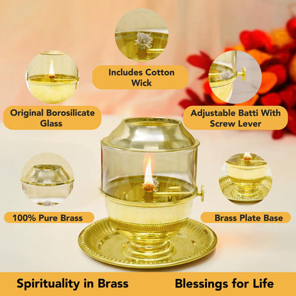 Ekhasa 100% Pure Brass Akhand Jyot Diya with Adjustable Bati Knob, Wick Lifting Screw Lever, Glass Cover (Large Size, 250 ml Oil Capacity, Stay Lit for 48 Hours, Wick Included, Authentic Borosilicate)