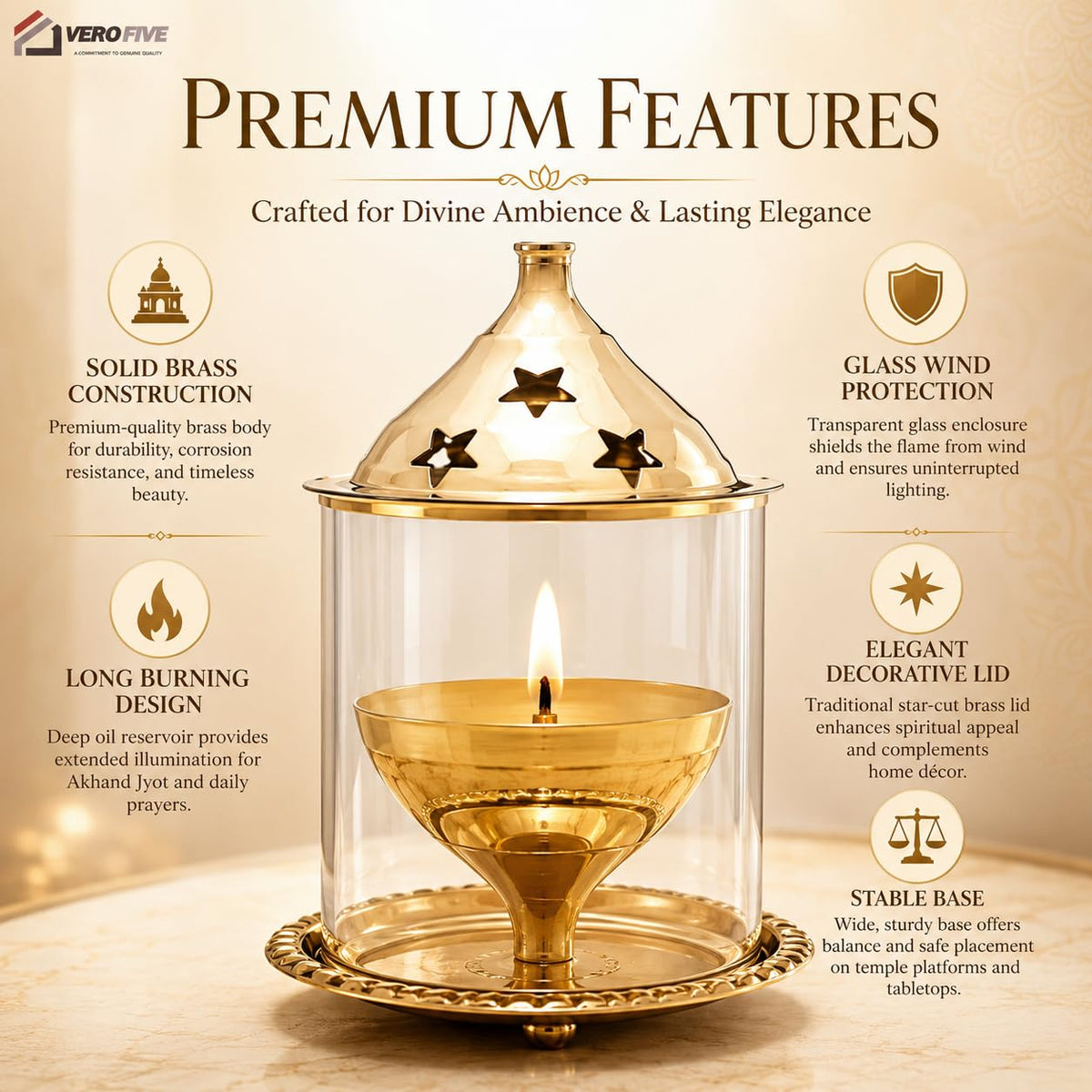 VEROFIVE Akhand Jyot Brass Diya, Medium – Puja & Festival Décor