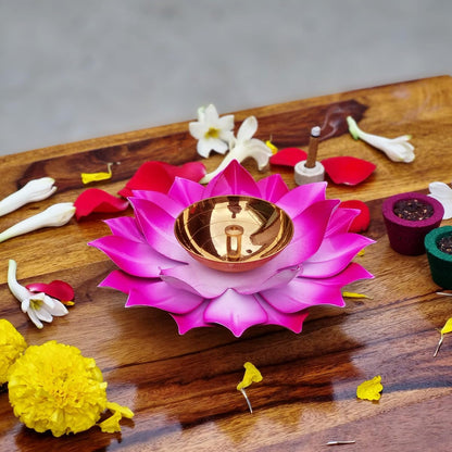 Dewa Brass Lotus Diya for Pooja & Home Décor | Handcrafted Deepak for Temple, Festivals & Diwali Gifting (15 cm, Pink, 1 Pc)