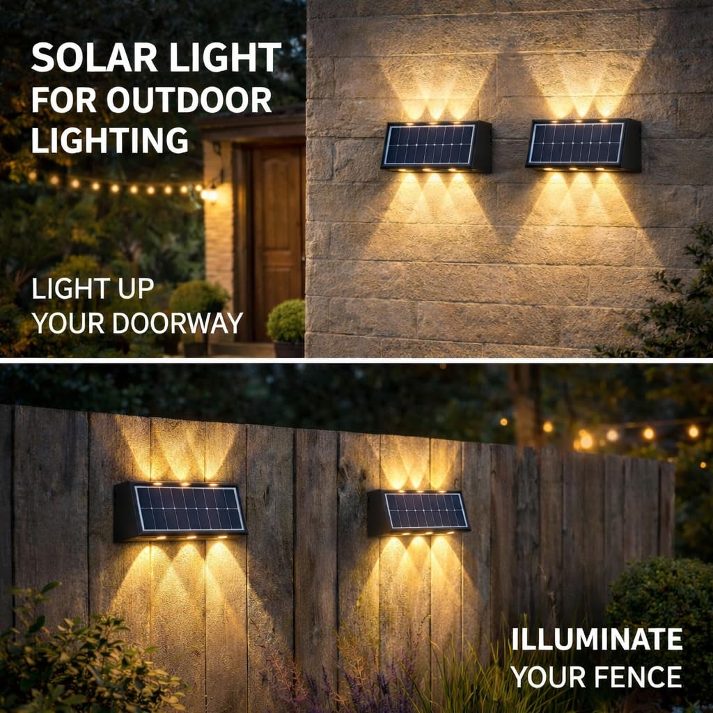 Gesto 6W Solar Wall Lights Outdoor Waterproof IP65, Warm White Up & Down Wall Lamp with 1200mAh Battery, Auto ON/Off Dusk to Dawn, Exterior Light for Garden Fence Gate Patio Pathway Elevation Balcony