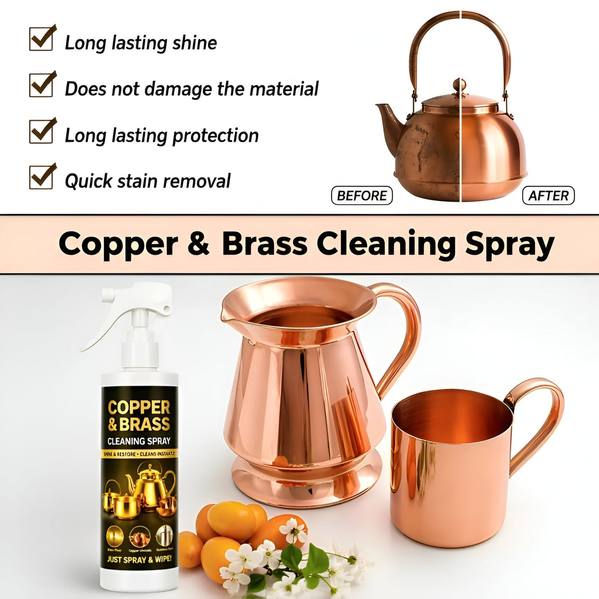 Copper & Brass Cleaning Spray for Utensils and Home Decor, Shine & Restore Formula, Removes Tarnish, Easy Spray & Wipe Cleaner, Suitable for Kitchen and Daily Use, Each 200ml, Pack of 4