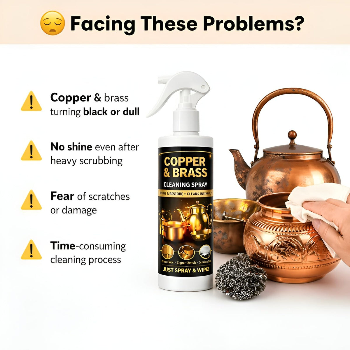 Copper & Brass Cleaning Spray for Utensils and Home Decor, Shine & Restore Formula, Removes Tarnish, Easy Spray & Wipe Cleaner, Suitable for Kitchen and Daily Use, Each 200ml, Pack of 4