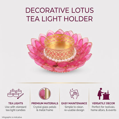 D-Craft Lotus Tealight Candle Holders with Pearl Border & Golden Metal Cup (Pack of 2) – Decorative Crystal Acrylic Lotus Diya for Diwali, Mandir, Festive Home Decor & Table Centerpiece (Pink)