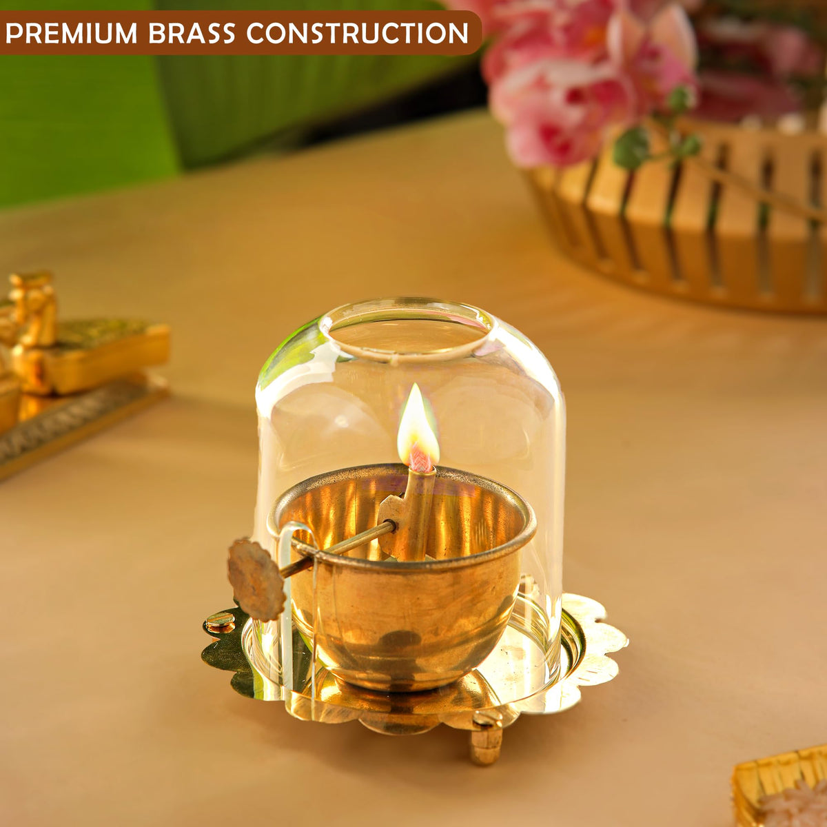 Kuber Industries Brass Akhand Jyoti Diya Oil Lamp with Adjustable Bati Knob | Lifting Screw Wick Holder & Borosilicate Glass Cover | Large Size, 150 ml Oil Capacity, Stay Lit for 48 Hours | Golden