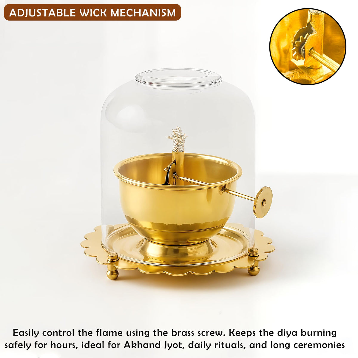 Kuber Industries Brass Akhand Jyoti Diya Oil Lamp with Adjustable Bati Knob | Lifting Screw Wick Holder & Borosilicate Glass Cover | Large Size, 150 ml Oil Capacity, Stay Lit for 48 Hours | Golden