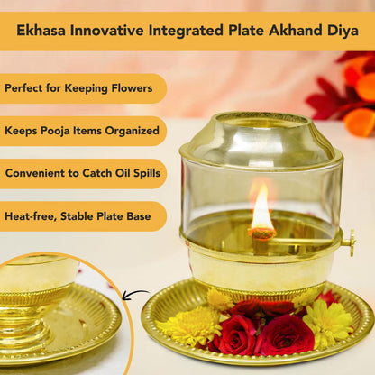 Ekhasa 100% Pure Brass Akhand Jyot Diya with Adjustable Bati Knob, Wick Lifting Screw Lever, Glass Cover (Large Size, 250 ml Oil Capacity, Stay Lit for 48 Hours, Wick Included, Authentic Borosilicate)