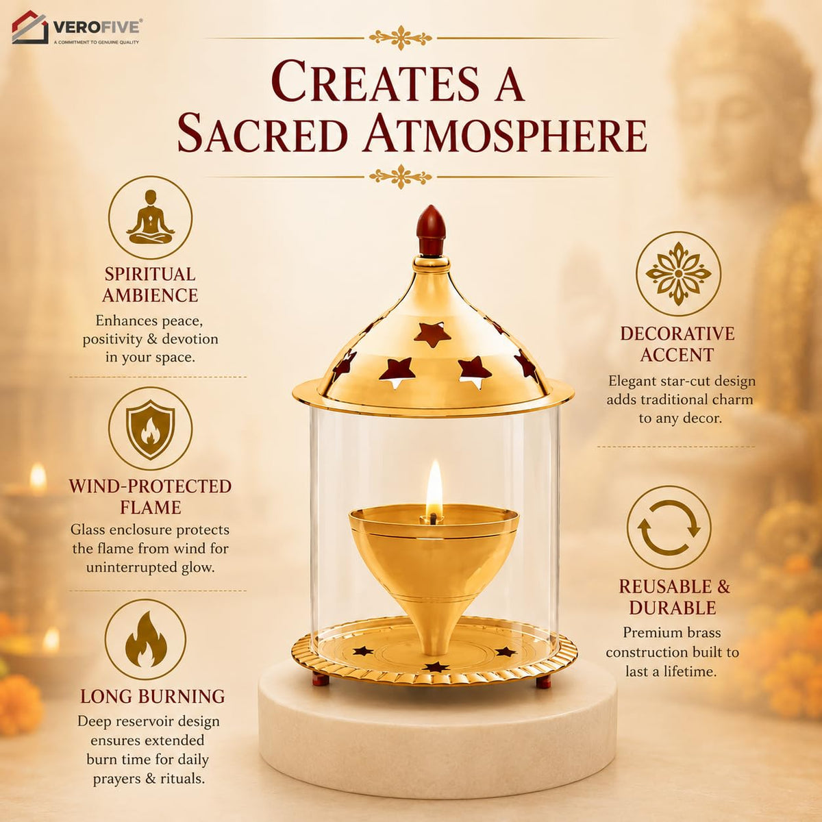 VEROFIVE Akhand Jyot Brass Diya, Medium – Puja & Festival Décor