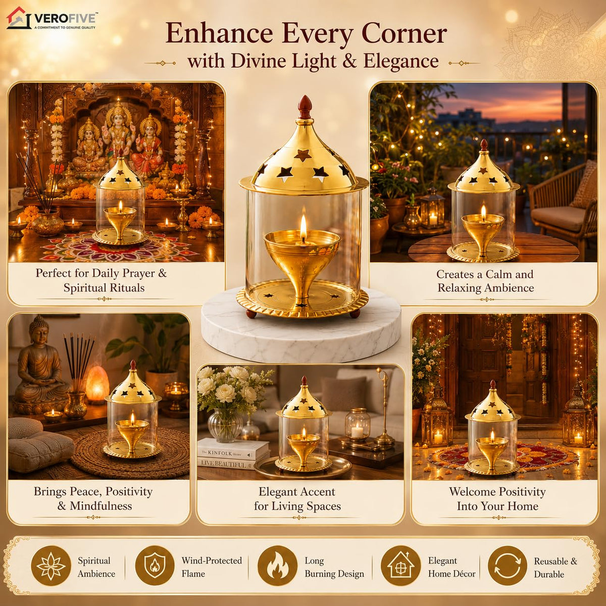 VEROFIVE Akhand Jyot Brass Diya, Medium – Puja & Festival Décor
