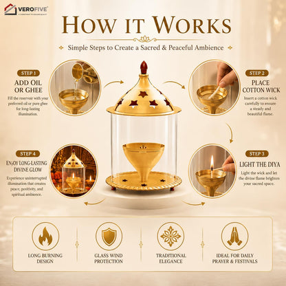 VEROFIVE Akhand Jyot Brass Diya, Medium – Puja & Festival Décor