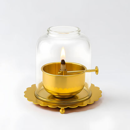 Kuber Industries Brass Akhand Jyoti Diya Oil Lamp with Adjustable Bati Knob | Lifting Screw Wick Holder & Borosilicate Glass Cover | Large Size, 150 ml Oil Capacity, Stay Lit for 48 Hours | Golden