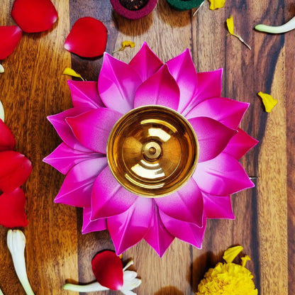 Dewa Brass Lotus Diya for Pooja & Home Décor | Handcrafted Deepak for Temple, Festivals & Diwali Gifting (15 cm, Pink, 1 Pc)