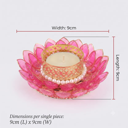 D-Craft Lotus Tealight Candle Holders with Pearl Border & Golden Metal Cup (Pack of 2) – Decorative Crystal Acrylic Lotus Diya for Diwali, Mandir, Festive Home Decor & Table Centerpiece (Pink)
