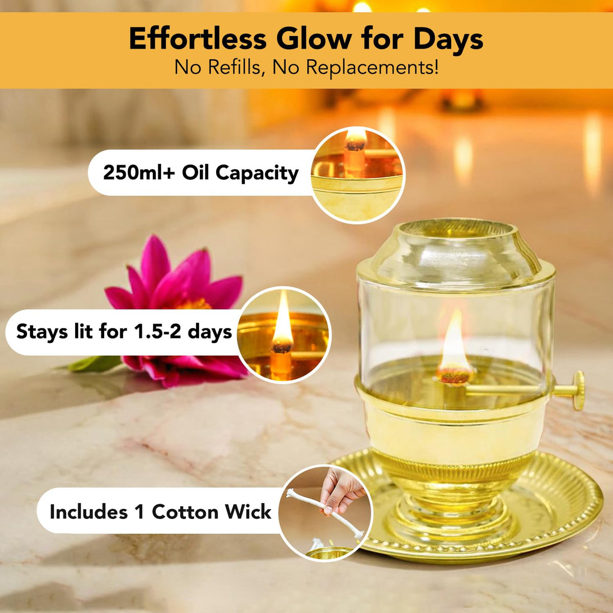 Ekhasa 100% Pure Brass Akhand Jyot Diya with Adjustable Bati Knob, Wick Lifting Screw Lever, Glass Cover (Large Size, 250 ml Oil Capacity, Stay Lit for 48 Hours, Wick Included, Authentic Borosilicate)