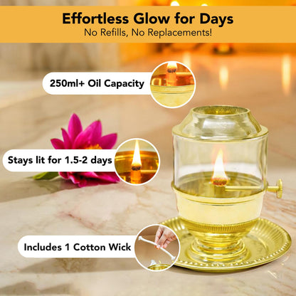 Ekhasa 100% Pure Brass Akhand Jyot Diya with Adjustable Bati Knob, Wick Lifting Screw Lever, Glass Cover (Large Size, 250 ml Oil Capacity, Stay Lit for 48 Hours, Wick Included, Authentic Borosilicate)