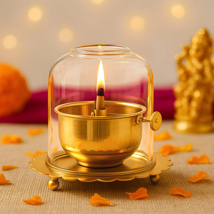 Kuber Industries Brass Akhand Jyoti Diya Oil Lamp with Adjustable Bati Knob | Lifting Screw Wick Holder & Borosilicate Glass Cover | Large Size, 150 ml Oil Capacity, Stay Lit for 48 Hours | Golden