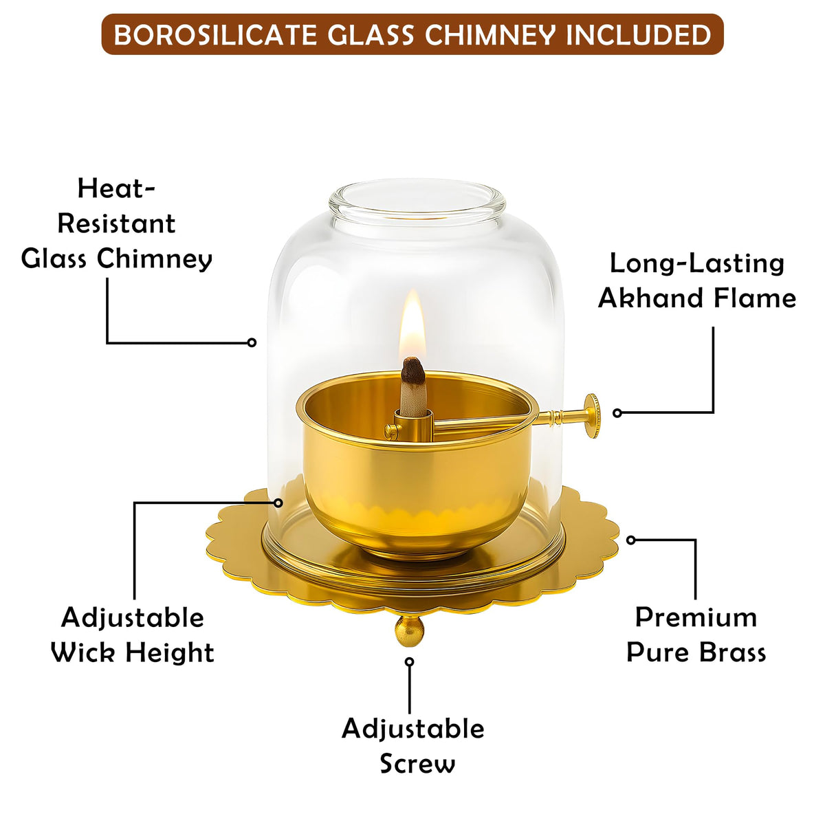 Kuber Industries Brass Akhand Jyoti Diya Oil Lamp with Adjustable Bati Knob | Lifting Screw Wick Holder & Borosilicate Glass Cover | Large Size, 150 ml Oil Capacity, Stay Lit for 48 Hours | Golden