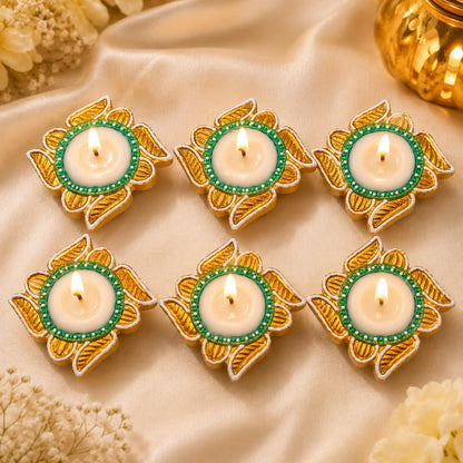 Decorative Diya Set of 6, Floral Design with Tealight Candles