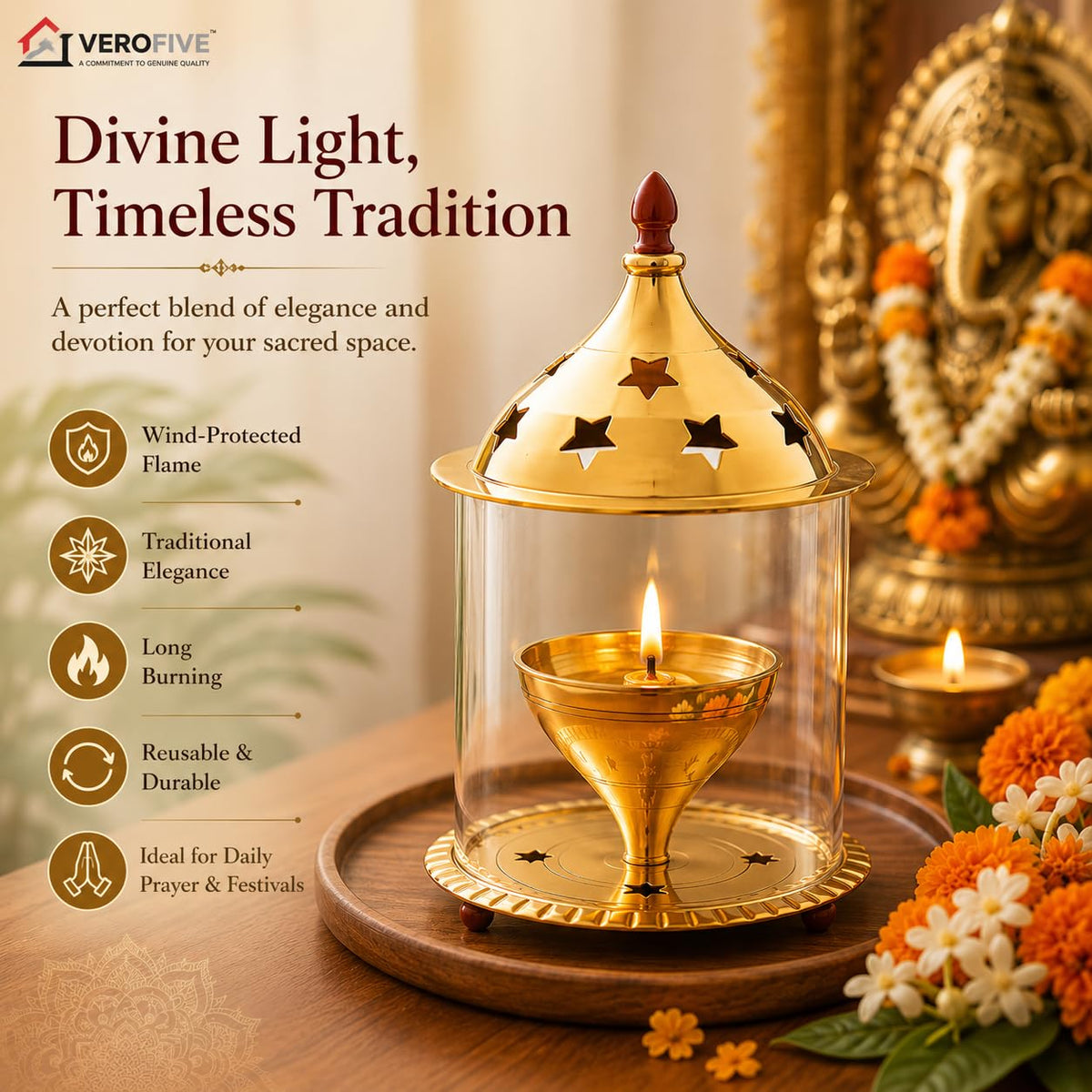 VEROFIVE Akhand Jyot Brass Diya, Medium – Puja & Festival Décor