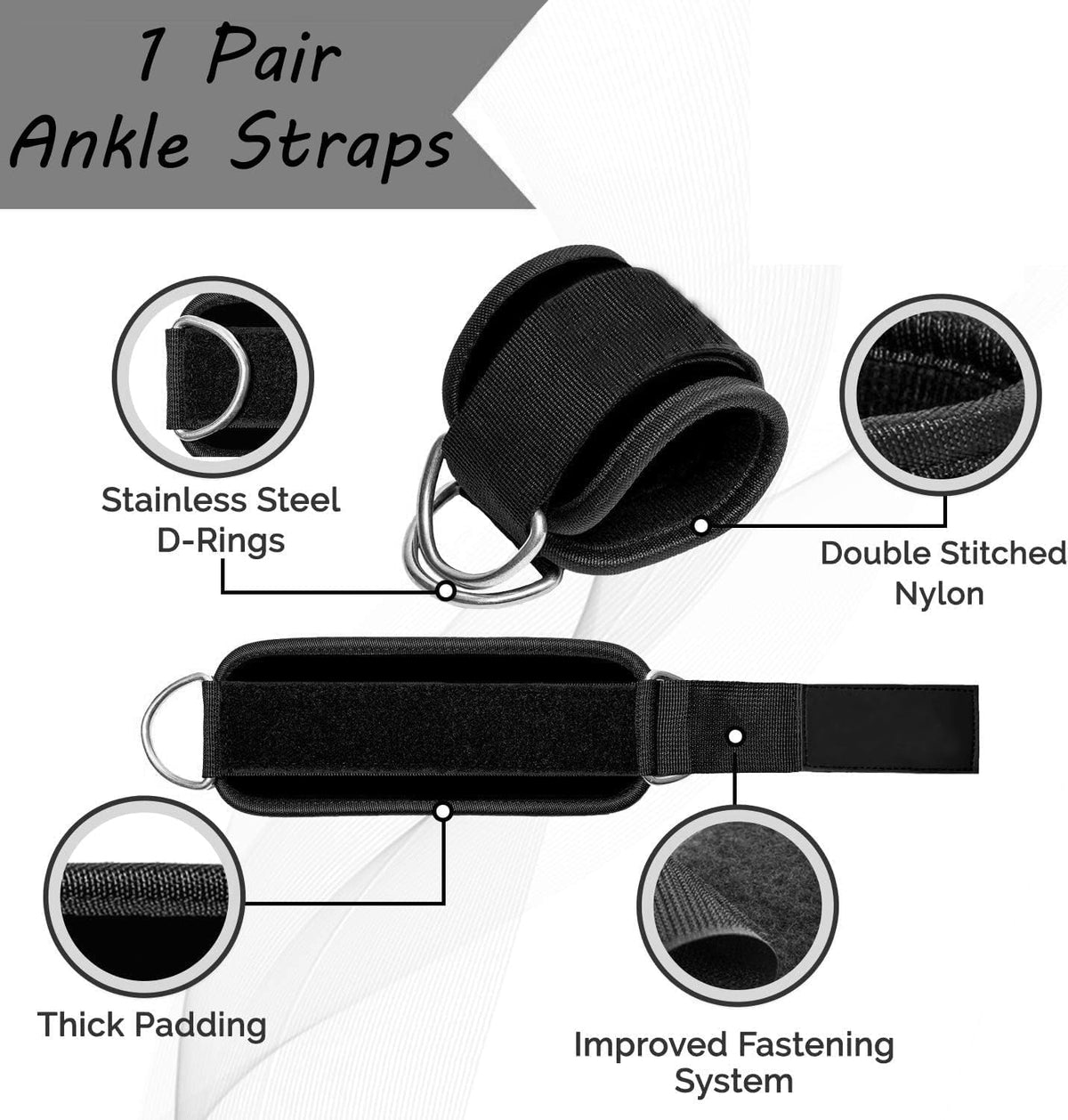 Unisex Ankle Straps with Metal D-Rings for Cable Machine