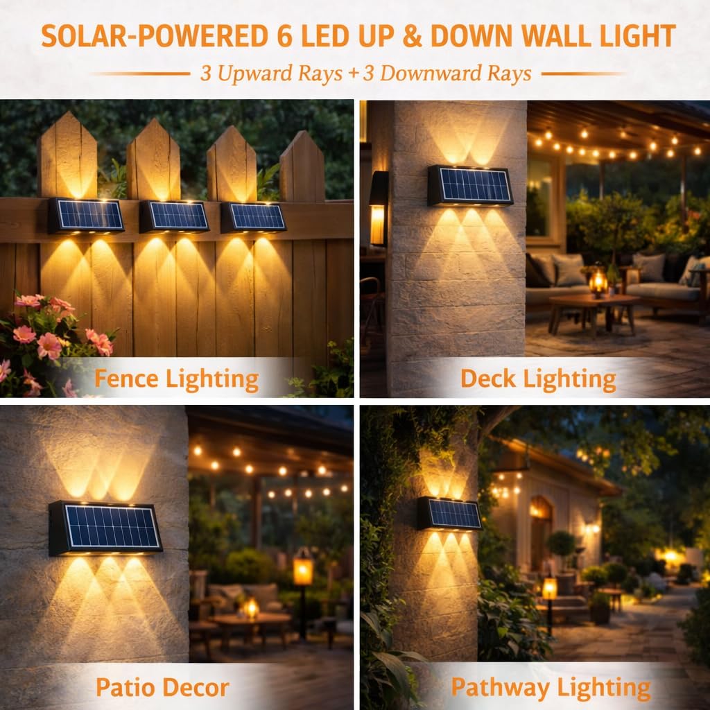 Gesto 6W Solar Wall Lights Outdoor Waterproof IP65, Warm White Up & Down Wall Lamp with 1200mAh Battery, Auto ON/Off Dusk to Dawn, Exterior Light for Garden Fence Gate Patio Pathway Elevation Balcony