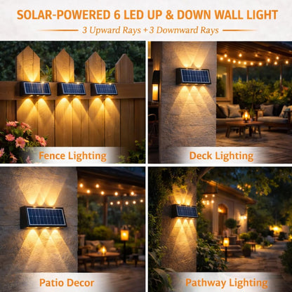 Gesto 6W Solar Wall Lights Outdoor Waterproof IP65, Warm White Up & Down Wall Lamp with 1200mAh Battery, Auto ON/Off Dusk to Dawn, Exterior Light for Garden Fence Gate Patio Pathway Elevation Balcony