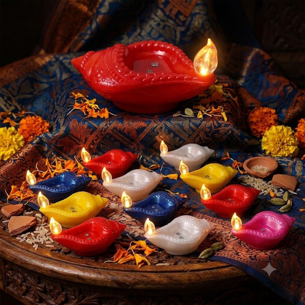 Water Sensor Diya with Shankh Shape Flameless & Smokeless LED Diya, Eco Friendly Decorative Diyas Light, Battery Operated LED Diya for Diwali, Festivals, Office & Home Decoration (Pack of 12)