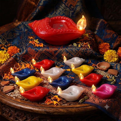 Water Sensor Diya with Shankh Shape Flameless & Smokeless LED Diya, Eco Friendly Decorative Diyas Light, Battery Operated LED Diya for Diwali, Festivals, Office & Home Decoration (Pack of 12)
