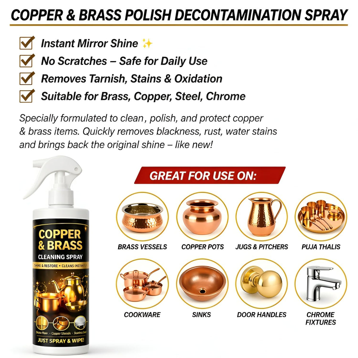 Copper & Brass Cleaning Spray for Utensils and Home Decor, Shine & Restore Formula, Removes Tarnish, Easy Spray & Wipe Cleaner, Suitable for Kitchen and Daily Use, Each 200ml, Pack of 4