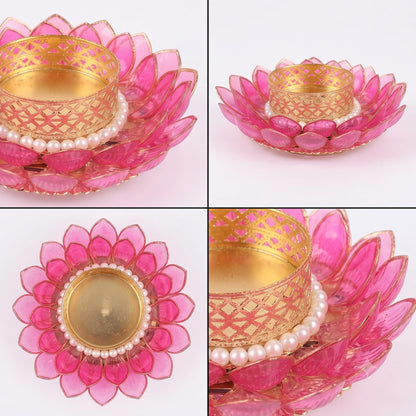 D-Craft Lotus Tealight Candle Holders with Pearl Border & Golden Metal Cup (Pack of 2) – Decorative Crystal Acrylic Lotus Diya for Diwali, Mandir, Festive Home Decor & Table Centerpiece (Pink)