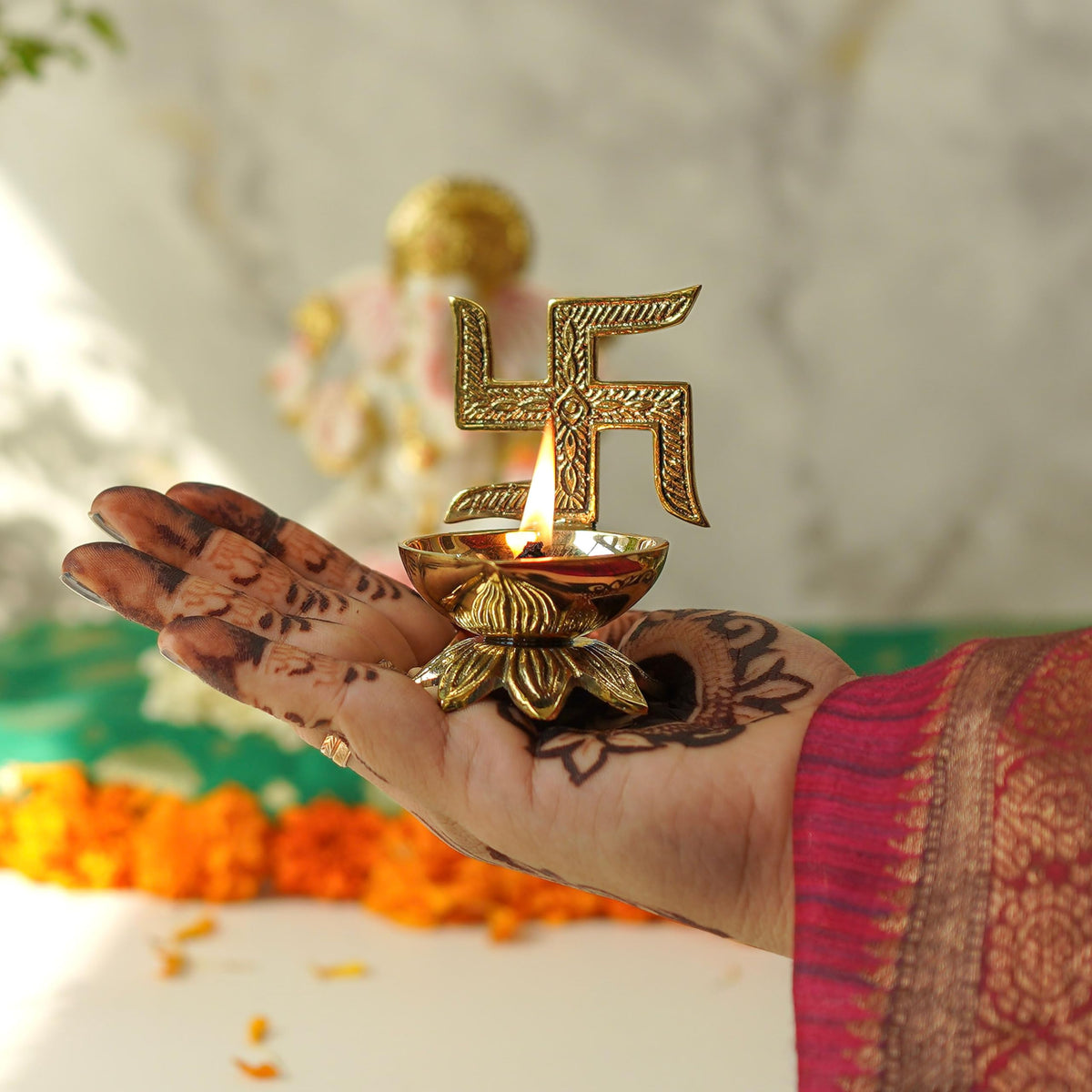 Behoma 100% Pure Brass Swastik Diya for Puja
