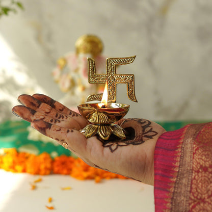 Behoma 100% Pure Brass Swastik Diya for Puja