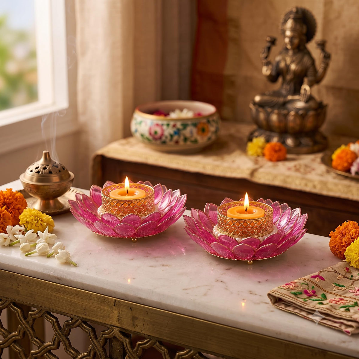 D-Craft Lotus Tealight Candle Holders with Pearl Border & Golden Metal Cup (Pack of 2) – Decorative Crystal Acrylic Lotus Diya for Diwali, Mandir, Festive Home Decor & Table Centerpiece (Pink)