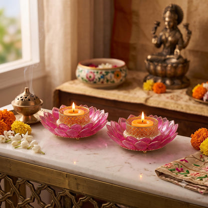 D-Craft Lotus Tealight Candle Holders with Pearl Border & Golden Metal Cup (Pack of 2) – Decorative Crystal Acrylic Lotus Diya for Diwali, Mandir, Festive Home Decor & Table Centerpiece (Pink)