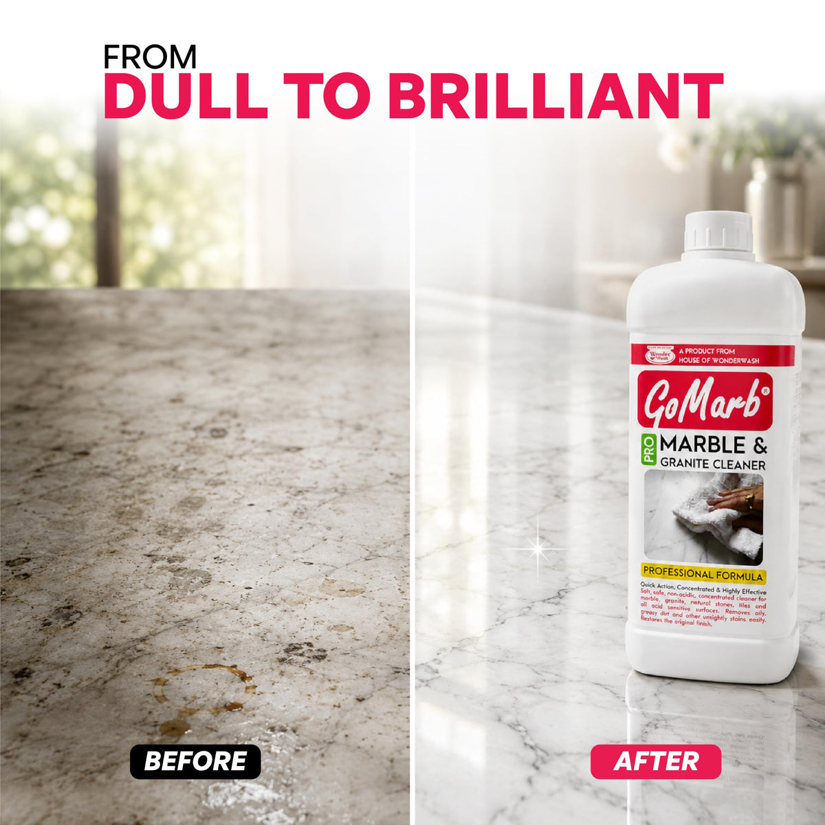 GoMarb Pro Marble & Granite Cleaner (500ml) Concentrated | Non-Acidic, Safe for Delicate Surfaces | Cleans & Restores Shine on Marble, Granite, Tiles, and Stone Surfaces | Made in India